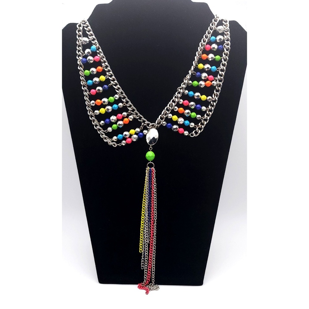 Beaded Tassel Necklace Rainbow Bib Silver Tone Festival Statement Layered Bold